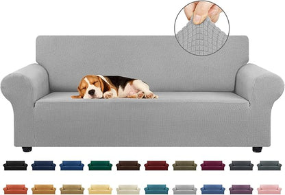 KEKUOU Stretch Sofa Cover Slipcover ，Couch Covers for 3 Cushion Couch Sofa pet Friendly (78"-94") Furniture Protector Sofa with Elastic Bottom for Kids,Dog, Jacquard Small Checked(Large,Silver)