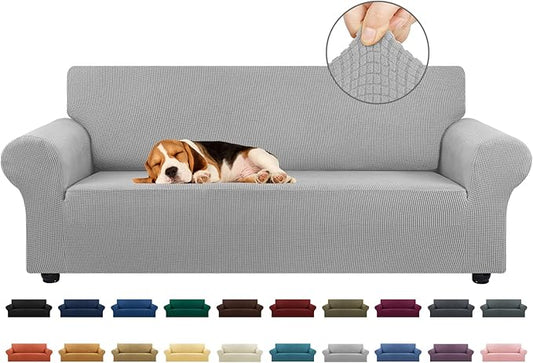 KEKUOU Stretch Sofa Cover Slipcover ，Couch Covers for 3 Cushion Couch Sofa pet Friendly (78"-94") Furniture Protector Sofa with Elastic Bottom for Kids,Dog, Jacquard Small Checked(Large,Silver)
