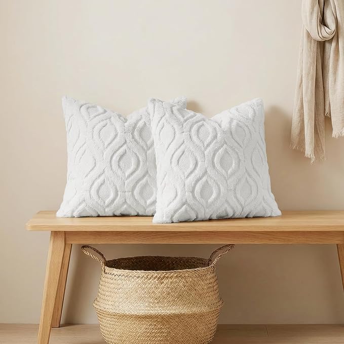 decorUhome Throw Pillow Covers 16x16 Inch Set of 2, Soft Plush Faux Wool White Solid Couch Pillow Covers, Accent Farmhouse Neutral Square Pillow Cases for Sofa Bed Living Room