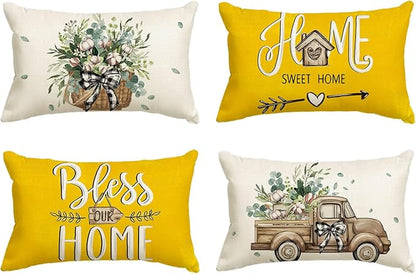 AVOIN colorlife Bless Our Home Farmhouse Eucalyptus Leaves Throw Pillow Covers, 12 x 20 Inch Yellow Truck Home Sweet Cushion Case Decorations Set of 4