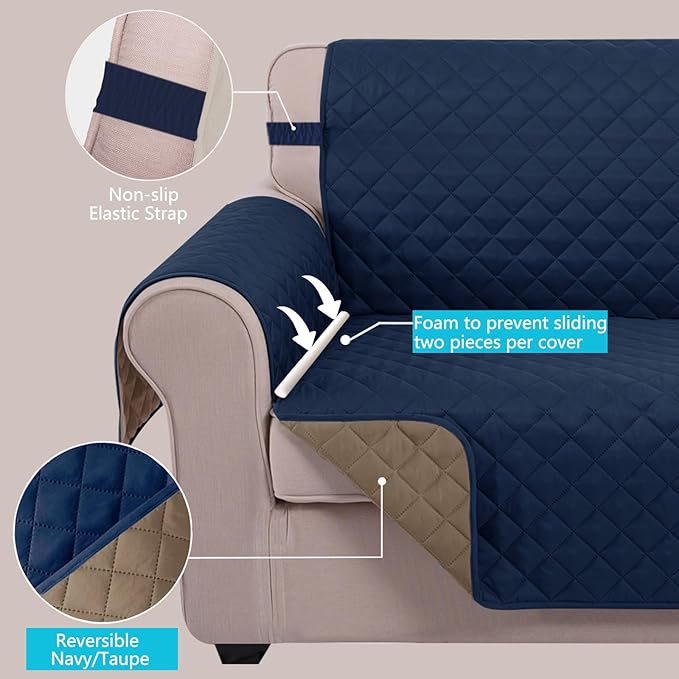 U-NICE HOME Recliner Chair Covers Reversible Quilted Water Repellent Pet Protectors with Elastic Straps (23''Recliner Small, Navy/Taupe)