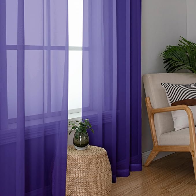 Simplebrand Purple Short Sheer Curtains 45 Inch Length for Small Windows, Rod Pocket 2 Panels Set Solid Voile Drapes Window Sheer Curtains for Bedroom Bathroom Kids Room Kitchen, 42x45 Inch