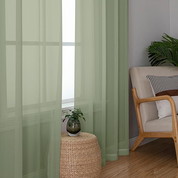 Chyhomenyc Sage Green Sheer Curtains 54 Inch Long 2 Panels Set, Short Rod Pocket Voile Drapes for Dinning Small Windows Bathroom Living Room Bedroom, Each 42Wx54L in, 2PCS, Sage Green