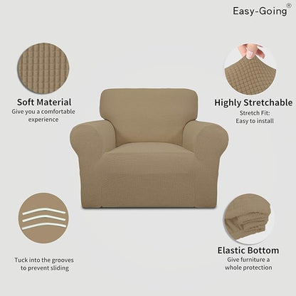Easy-Going Stretch Chair Sofa Slipcover 1-Piece Couch Sofa Cover Furniture Protector Soft with Elastic Bottom for Kids, Pet. Spandex Jacquard Fabric Small Checks (Chair, Tan)