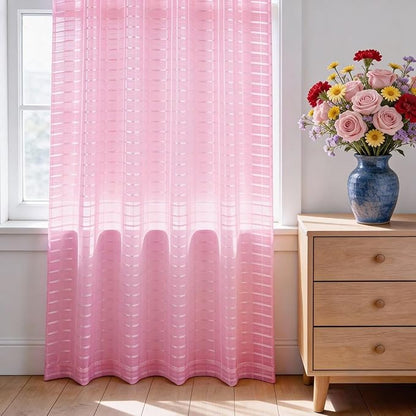 SpaceDresser Check Sheer Curtains 108 Inches 2 Panels Set, Rod Pocket Plaid Window Curtain for Living Room, Pink Semi Sheer Drapes for Kitchen Bedroom Children Room Yard（Pink, 52W x 108L）