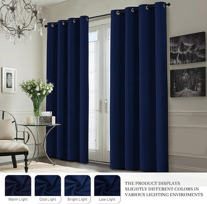 Yakamok 100% Blackout Curtain Panels 63 inches Cold and Light Blocking Drapes for Nursery, 2 Thick Layers Thermal Insulated Draperies (2 Pieces, 50 Wide Each Panel, Navy Blue/White Backing)