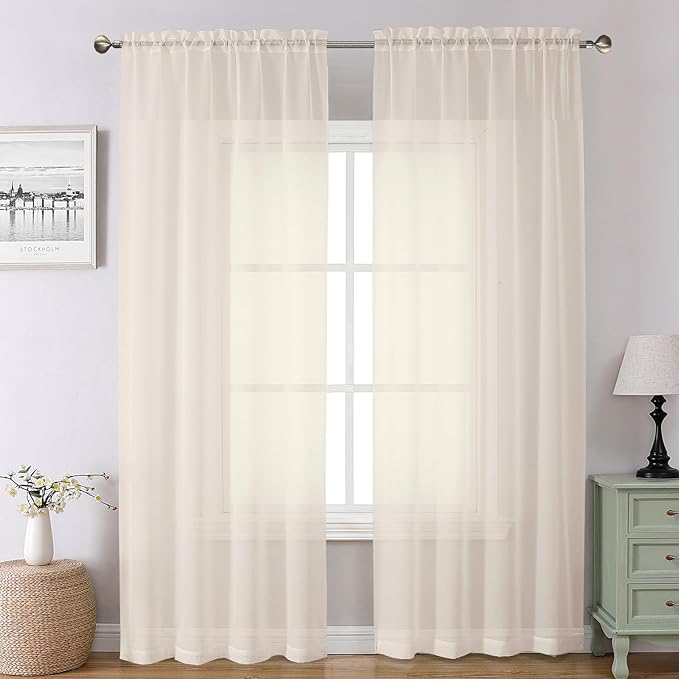 Chyhomenyc Cream Sheer Curtains 72 Inch Length 2 Panels, Light Filtering Top Dual Rod Pocket Voile Window Curtain Drapes for French Door, Bedroom Living and Children Room, Each 42W x 72L