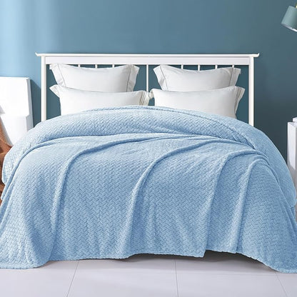 Exclusivo Mezcla Fleece Twin Size Blanket for Bed, 60x80 Inches Soft Cozy Jacquard Flannel Blankets, Lightweight Fuzzy Plush Warm for Women, Light Blue