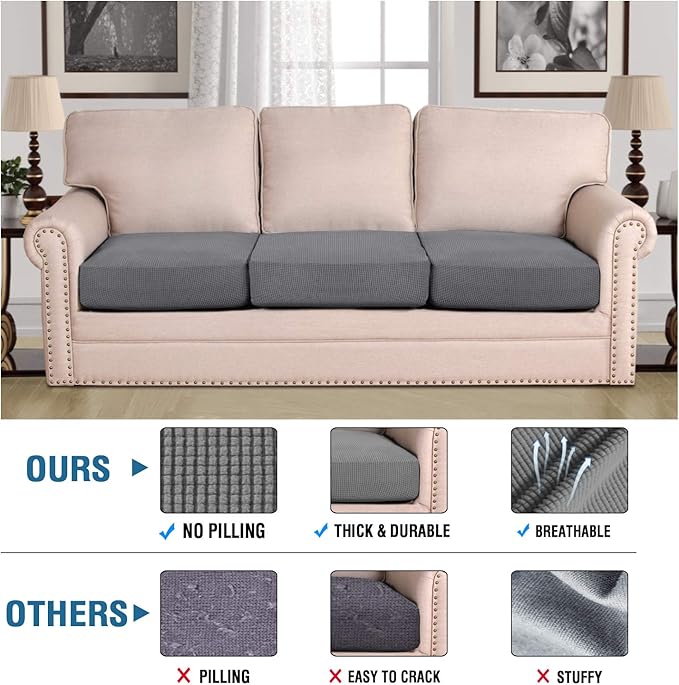 H.VERSAILTEX High Stretch Individual Seat Cushion Covers 3 Pack Thick Jacquard Textured Twill Fabric Sofa Slipcovers for 3 Couch Cushion Washable Couch Cover for Living Room Outdoor Patio,Grey
