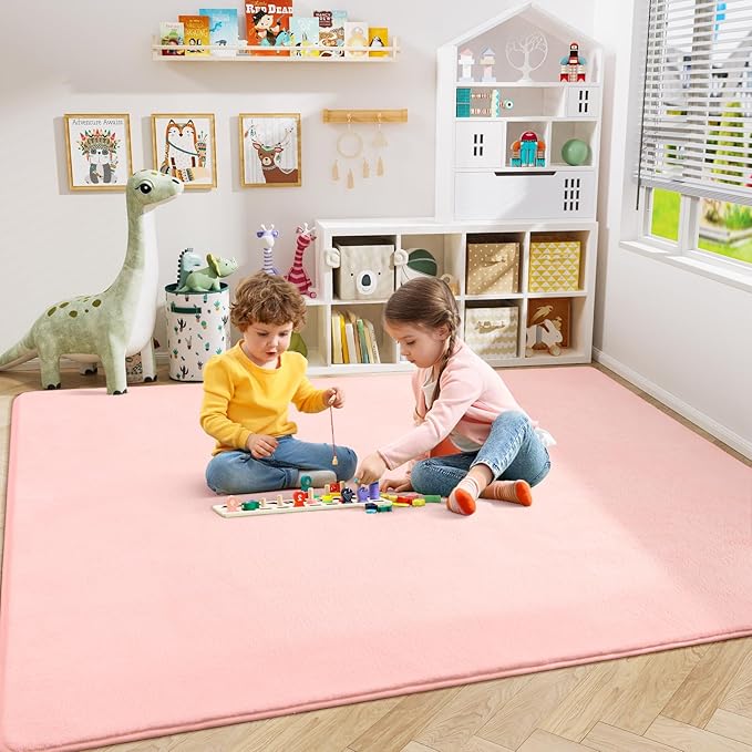 Amearea Modern Area Rugs for Bedroom Living Room, 4x6 Feet Pink Thickened Memory Foam Rug, Fluffy Indoor Washable Rugs Non Slip Minimalist Carpet for Kids Boys Girls Dorm Nursery Room Decor