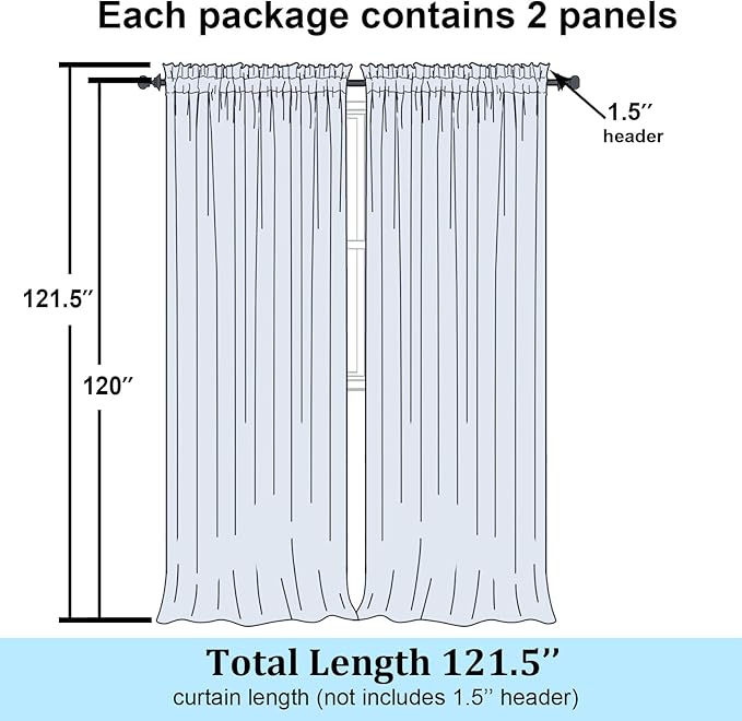 Simplebrand Sheer White Curtains 120 Inches Long, Extra Long Rod Pocket Solid Color Window Sheer Curtain Panels, Elegant Curtains & Drapes for Living Room, Bedroom 2 Panels (White, 59" W x 120" L)