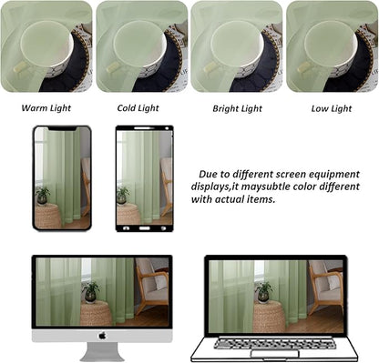 Chyhomenyc Light Green Sheer Valances for Windows - Light Filtering Small Kitchen Curtains, Rod Pocket Short Top Window Treatment Decor for Living Room Bathroom Basement, 42Wx16L inches, 2 Panels