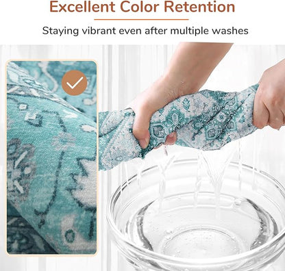 OPPODREAM Soft Area Rugs 4x6, Low-Pile Washable Rugs 4x6 with Non Slip Backing, Faux Cashmere 4 x 6 Throw Carpet, Teal & Turquoise & Cream