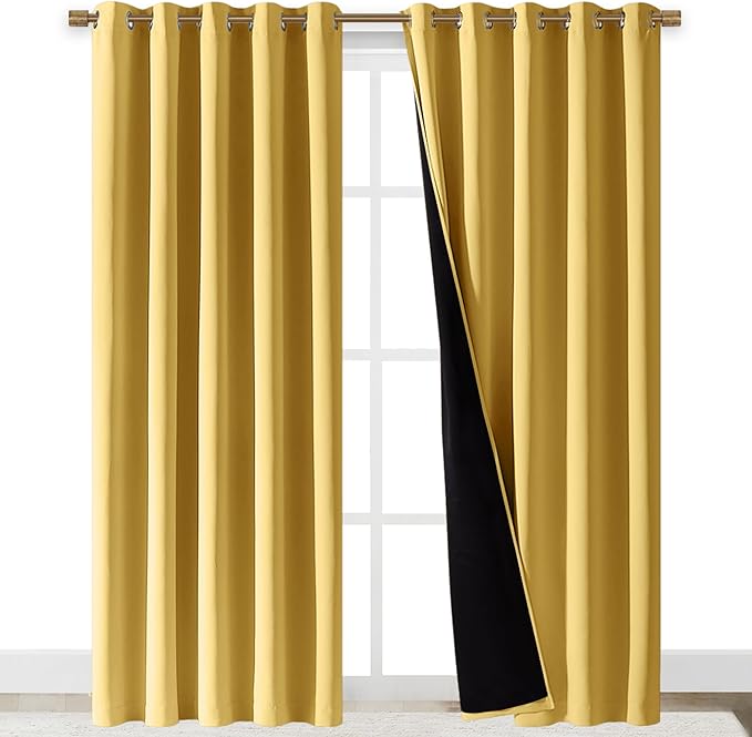 NICETOWN Total Shade Curtains and Draperies, Heavy-Duty Full Light Shading Drapes with Black Liner Backing for Villa/Hall/Dorm Window(Bright Yellow, Package of 2, 70 inches Wide x 95 inches Long)