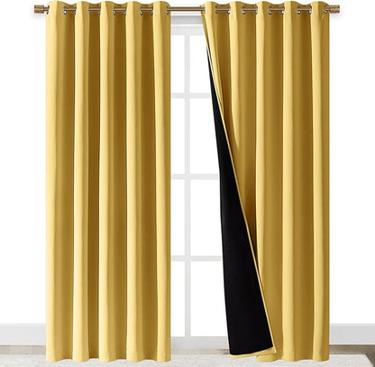 NICETOWN Total Shade Curtains and Draperies, Heavy-Duty Full Light Shading Drapes with Black Liner Backing for Villa/Hall/Dorm Window(Bright Yellow, Package of 2, 70 inches Wide x 95 inches Long)