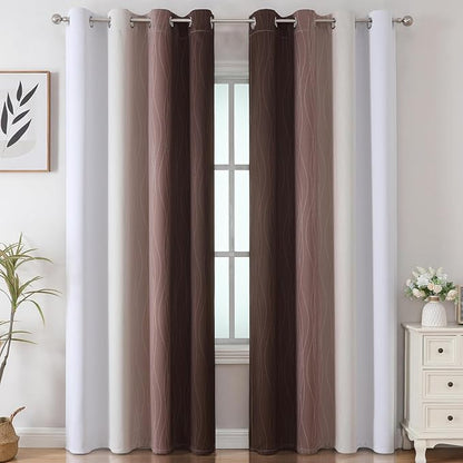 Estelar Textiler Brown and Greyish White Gradient Blackout Curtains 102 Inches Long for Bedroom, Thermal Insulated Full Room Darkening Ombre Grommet Drapes for Living Room, 52Wx102L, 2 Panels