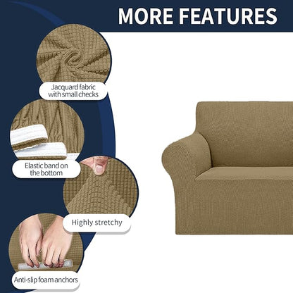 Cupuamon 2026 New Stretch Chair Sofa Slipcovers Couch Cover for 1 Seater Furniture Protector Sofa Covers with Elastic Bottom Jacquard Fabric Small Checks for Pets, Kids - Tan
