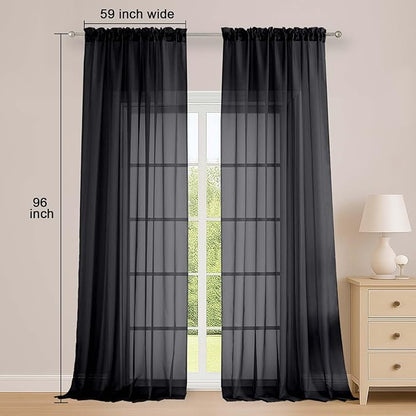 OWENIE Black Sheer Curtains, Sheer Curtains 96 inches Long 2 Panels Set, Rod Pocket Voile Fimly Sheer Drapes for Living Room/Bedroom, 2pcs, Each 59" W x 96" L