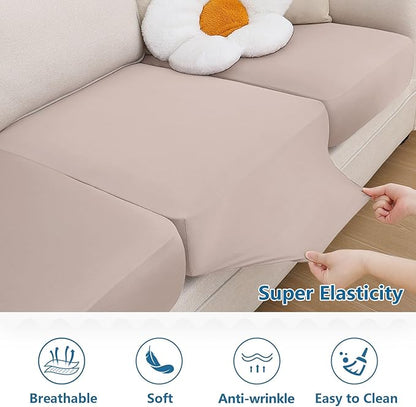 hyha Milk Silk Couch Cushion Covers, Soft Magic Sofa Covers Washable for 2 Cushion Couch, Stretch Sectional Outdoor Cushion Covers for Patio Furniture with Elastic Bottom(Medium, Taupe)