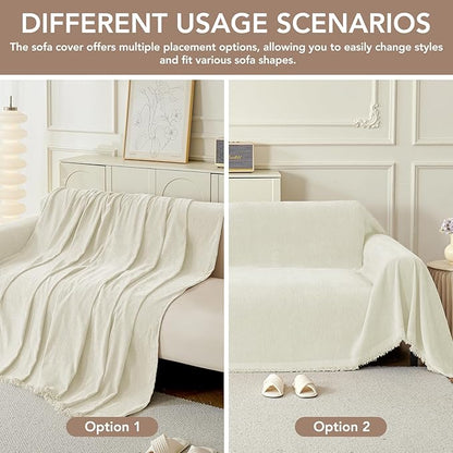 Couch Cover for Dogs, Boho Sofa Covers for 3 Cushion Couch, Chenille Sofa Slipcover for Pets Washable, L-Shape Sectional Couch Cover Soft Throw Blankets with Tassels(91x118,Cream)