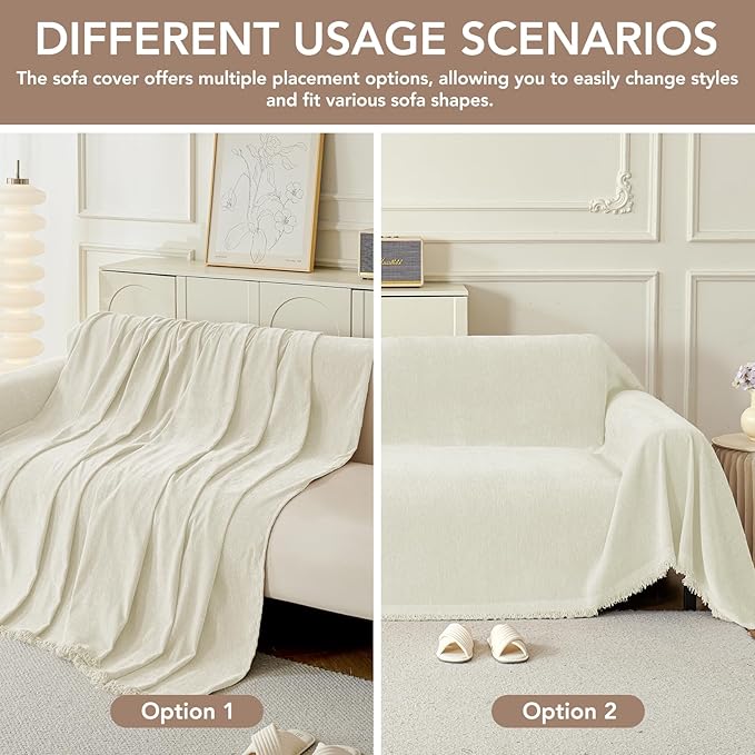 Couch Cover for Dogs, Boho Sofa Covers for 3 Cushion Couch, Chenille Sofa Slipcover for Pets Washable, L-Shape Sectional Couch Loveseat Cover Soft Throw Blankets with Tassels(71x134,Cream)