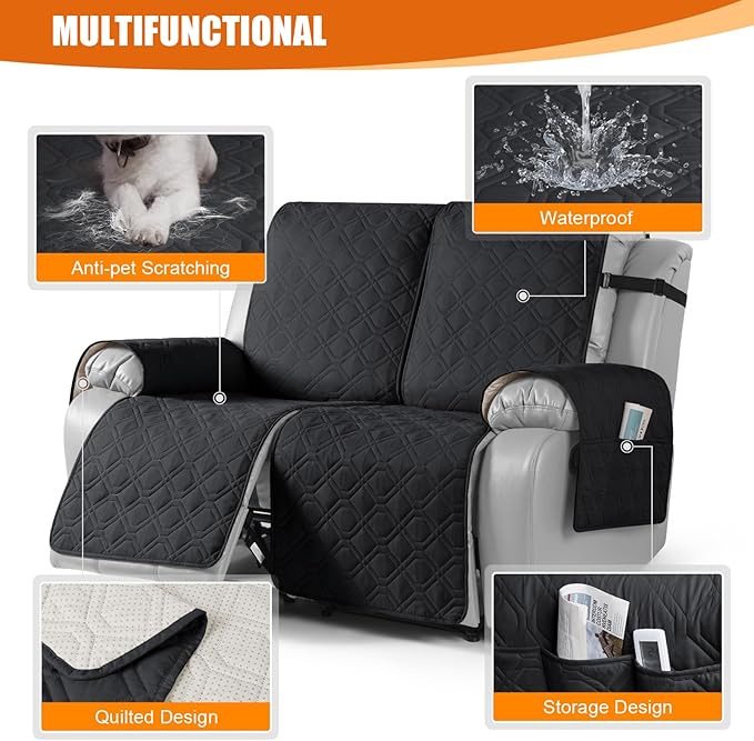VANSOFY Waterproof Recliner Couch Covers, Sofa Covers 1-Piece Washable Reclining Sofa Cover Non-Slip Furniture Protector with Elastic Straps Pocket for Dogs, Pets(Black,2 Seater)