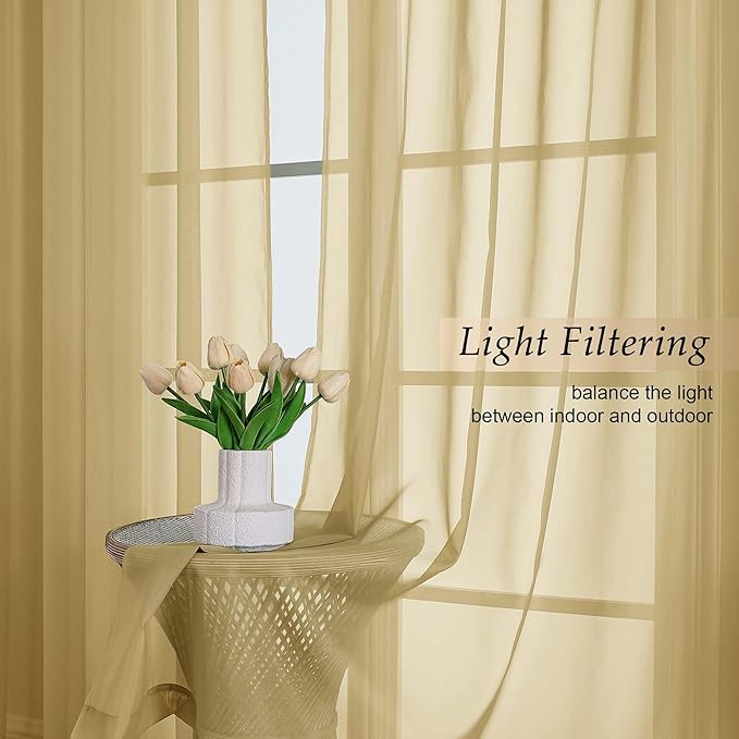 Extra Long Gold Sheer Curtains for Bedroom Living Room 120 Inches Long 2 Panels Set, Solid Soft Light Filtering Rod Pocket Sheer Window Curtains, Gold, Each 59" Wx120 L Inch