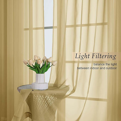 Gold Sheer Curtains 84 Inches Long 2 Panels Set for Bedroom Living Room, Soft Airy Light Filtering Modern Solid Rod Pocket Drapes Window Treatments, Gold, Each 59" W x 84" L