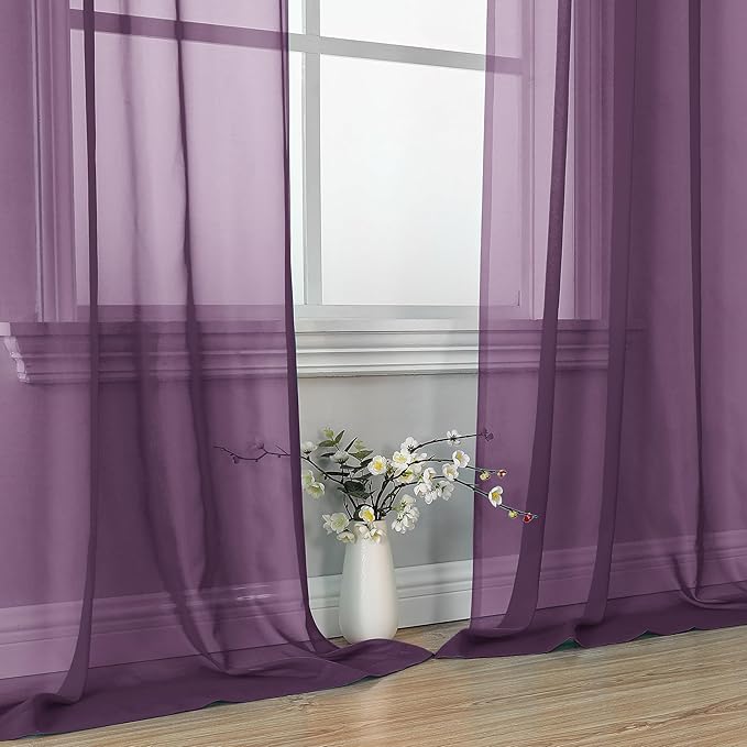 OVZME Plum Sheer Curtains 63 Inches Long 2 Panels - Soft Light Filtering Window Sheer Panels for Living Room/Bedroom, Top Dual Rod Pocket, 1 Pair, Each 42Wx63L Inches