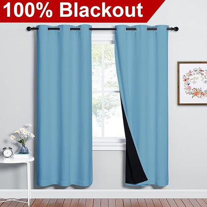 NICETOWN 100% Blackout Window Curtain Panels, Teal Blue, 2 Pieces, 42-inch Wide Per Panel, Full Light Blocking Drapes with Black Liner for Nursery, 72-inch Drop Thermal Insulated Draperies