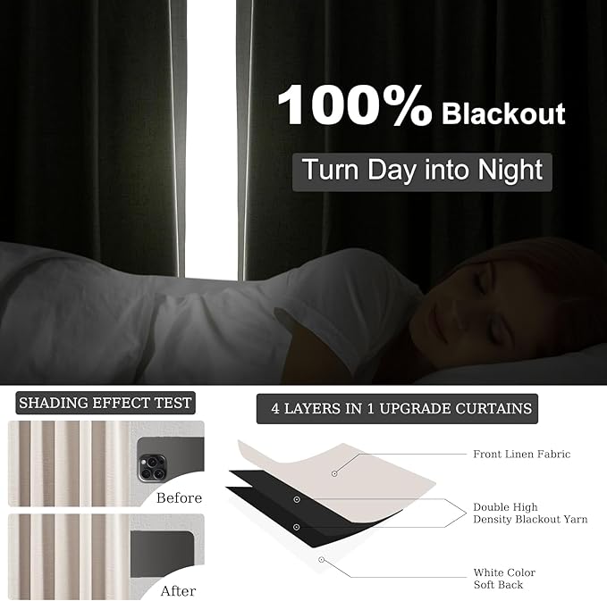 Long Curtains 108 inch Long 2 Panels,Total Blackout Curtain Wide Elegant Sunroom Completely Shaded Drapes for Sliding Door Back Tab Pleated Heading Tape with Hooks, Oatmeal Beige 52x108