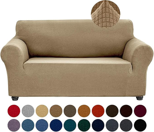 Joccun Stretch Loveseat Couch Cover Slipcover, 1-Piece Sofa Cover for 2 Cushion Couch Spandex Jacquard Washable Furniture Protector Cover for Living Room,Kids,Pets（Loveseat,Tan）