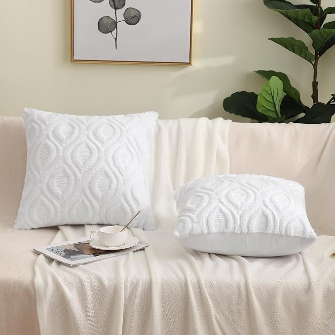 decorUhome Throw Pillow Covers 18x18 Inch Set of 2, Soft Plush Faux Wool White Solid Couch Pillow Covers, Accent Farmhouse Neutral Square Pillow Cases for Sofa Bed Living Room