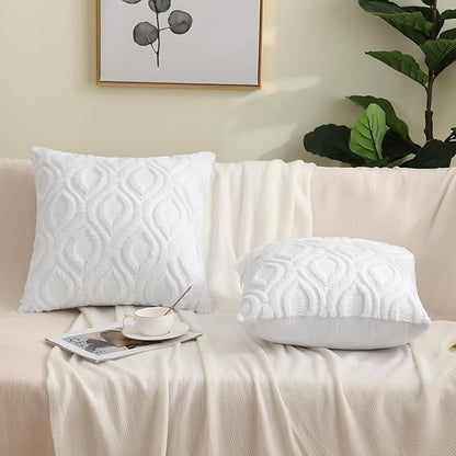 decorUhome Throw Pillow Covers 16x16 Inch Set of 2, Soft Plush Faux Wool White Solid Couch Pillow Covers, Accent Farmhouse Neutral Square Pillow Cases for Sofa Bed Living Room