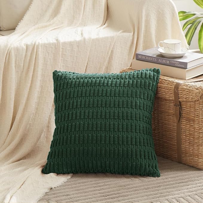 Fancy Homi Set of 4 Dark Green Boho Decorative Throw Pillow Covers 18x18 Inch for Couch Bed Sofa, Aesthetic Modern Bohemian Room Decor, Soft Fuzzy Fluffy Cozy Corduroy Textured Cushion Case 45x45cm