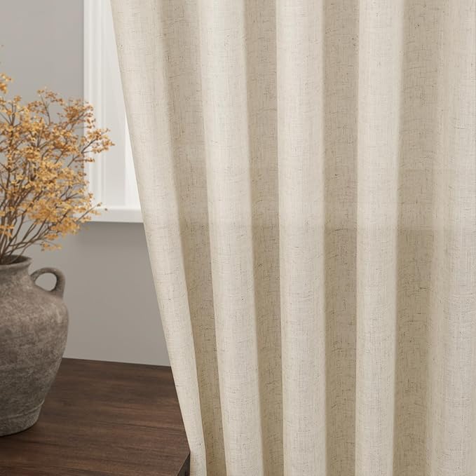 Extra Long Curtain 38x108 inches Long 2 Panels Set Back Tab Beige Linen Drapes for Living Room Neutral Farmhouse Light Filtering Semi Sheer Linen Curtains 108 inch Length for Large Window 9 FT Tall