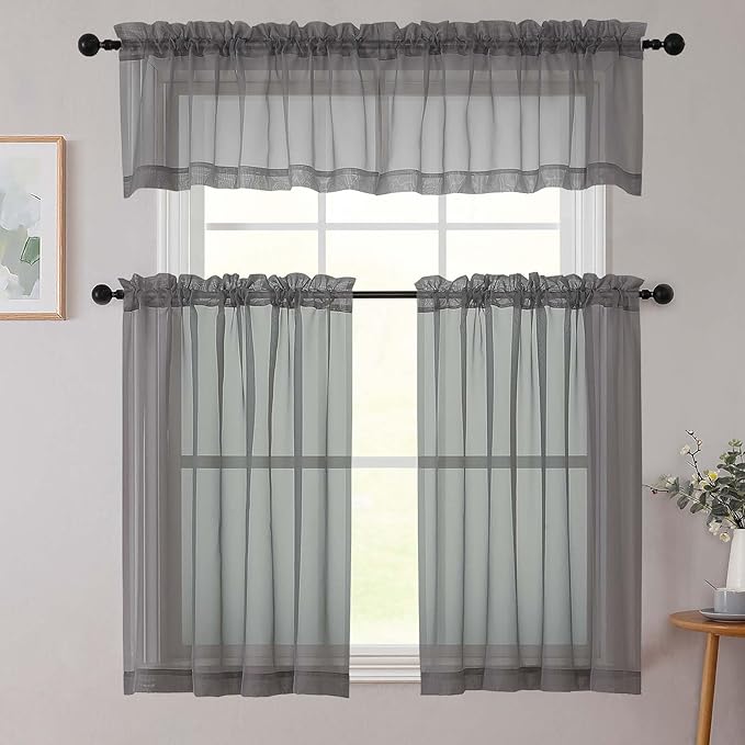 Grey Kitchen Curtains 30 Inch Length Tier 2 PCS, Solid Soft Half Curtains for Windows, Grey Sheer Rod Pocket Drapes for Bathroom Basement Small Window Curtain, 42" Wx30 L Inches