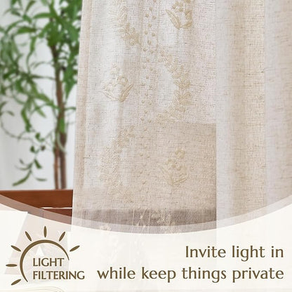 jinchan Belrose Linen Curtains for Bedroom Floral Curtains 84 Inch Length Linen Blend Ivory Embroidered Drapes Farmhouse Flower Patterned Drapes for Living Room Window Treatments Set 2 Panels