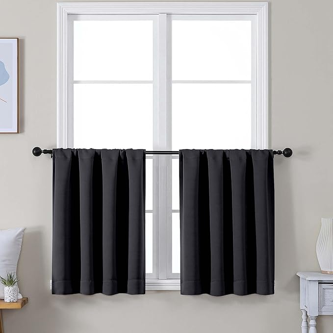 Simplebrand Ava Black Short 24 Inches Blackout Curtain 2 Panels Set, Half Window Rod Pocket Privacy Curtain Tiers for Kitchen, Curtains Blackout for Bathroom Shades, W30 x L24 Inch, Black
