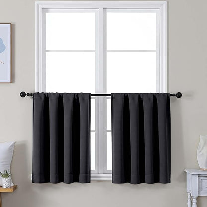 Simplebrand Ava Black Short 24 Inches Blackout Curtain 2 Panels Set, Half Window Rod Pocket Privacy Curtain Tiers for Kitchen, Curtains Blackout for Bathroom Shades, W30 x L24 Inch, Black
