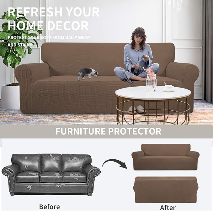 Easy-Going Stretch Oversized Chair Sofa Slipcover 1-Piece Couch Sofa Cover Furniture Protector Soft with Elastic Bottom for Kids Spandex Jacquard Fabric Small Checks Brown