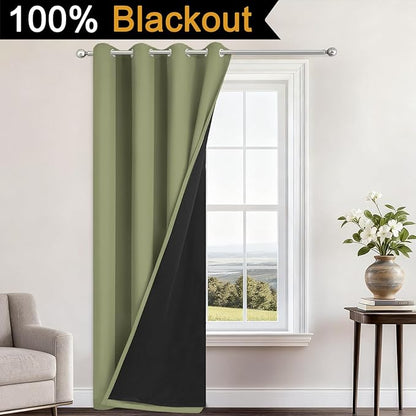 Yakamok 100% Blackout Curtains 84 Inches Long, 2 Thick Layers Heat and Full Light Blocking Soft Thermal Insulated Drapes for Bedroom(52" Wide Each Panel, Sage, 1 Panel)