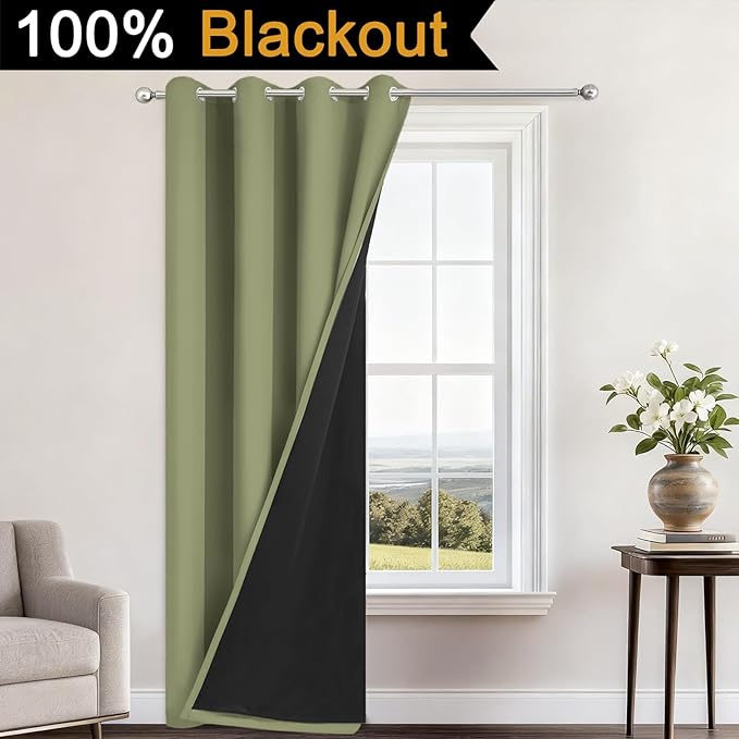 Yakamok 100% Blackout Curtains 96 Inches Long, 2 Thick Layers Heat and Full Light Blocking Soft Thermal Insulated Drapes for Bedroom(52" Wide Each Panel, Sage, 1 Panel)