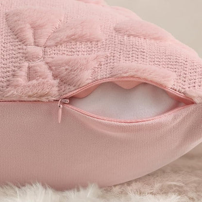 decorUhome Pink Bow Pillow Covers Set of 2 Coquette Aesthetic Cute Preppy Plush Faux Pillowcases for Girly Bedroom or Couch 16x16 Inch