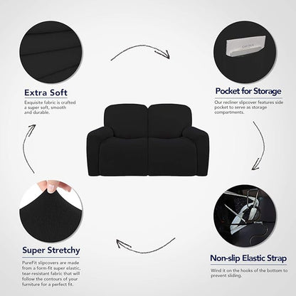 PureFit Super Stretch Loveseat Recliner Sofa Couch Cover with Pocket – 2 Seats Non Slip Soft Sofa Slipcover, Washable Reclining Furniture Protector for Kids, Pets (Recliner Loveseat, Black)