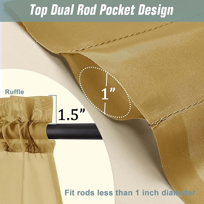 Gold Sheer Curtains 90 Inches Long 2 Panels, Light Filtering Solid Sheer Curtains for Bedroom Living Room, Lightweight Soft Airy Window Voile Sheer Drapes, Dual Rod Pocket, 2x42Wx90L Inches