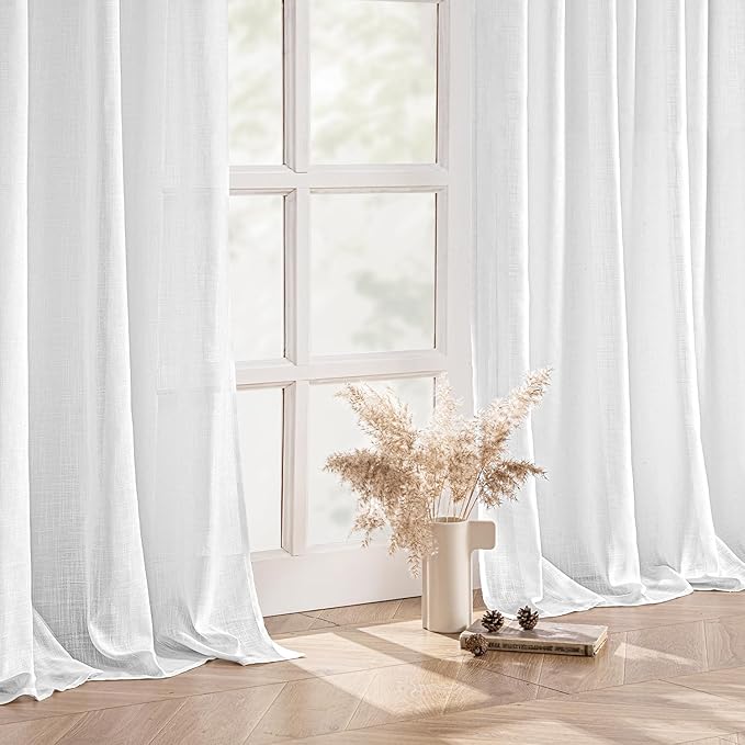 MIULEE White Linen Curtains 100 Inch Long 2 Panels for Bedroom Living Room, Soft Thick Linen Textured Back Tab Window Drapes Semi Sheer Light Filtering Rod Pocket Modern Farmhouse Decor