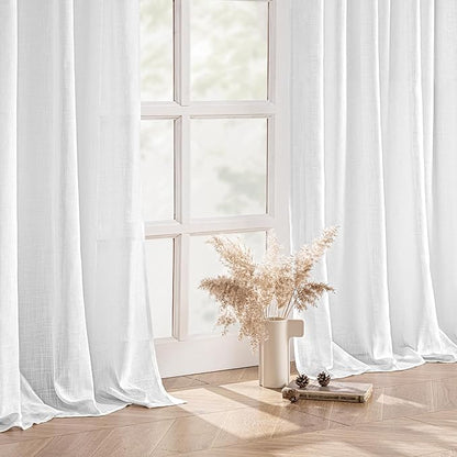 MIULEE White Linen Curtains 64 Inch Length 2 Panels for Kitchen Bedroom, Soft Thick Linen Textured Window Drapes Semi Sheer Light Filtering Back Tab Rod Pocket Burlap Look Decor