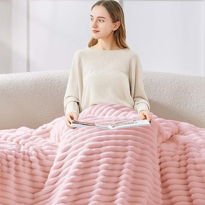 BEDELITE Throw Blanket for Couch - 300GSM Soft & Warm Fluffy Pink Blanket, Decorative and Giftable Striped Blankets for Women, Men, 50"x70"