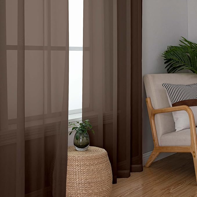 OWENIE Sheer Curtains 54 inches Long for Living Room Bedroom, Rod Pocket Light Filtering Voile Sheers Panels Drapes Small Window Treatments 2 Panels, 42" W x 54" L, Chocolate